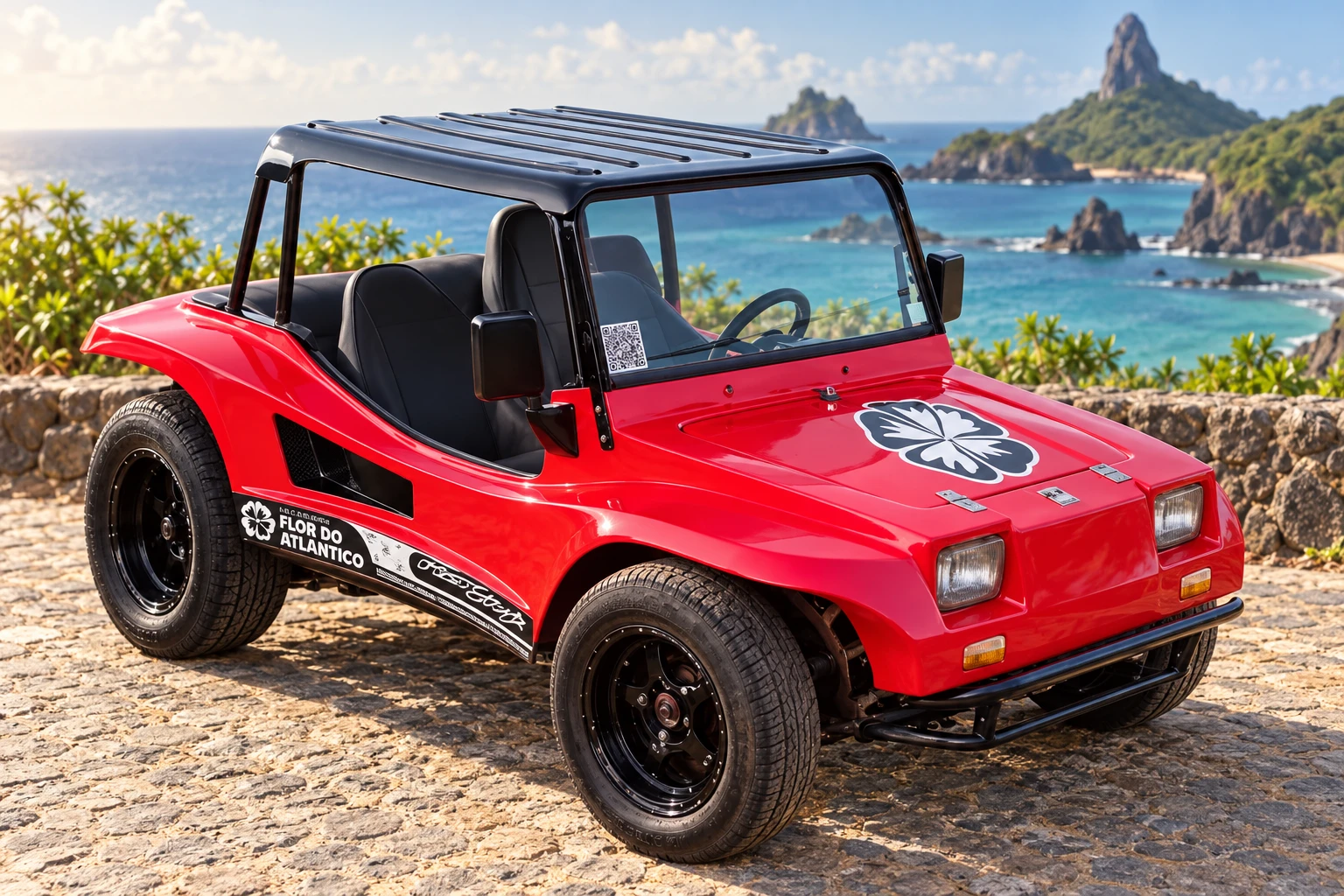 Buggy vermelho da frota Flor do Atlântico com capota preta