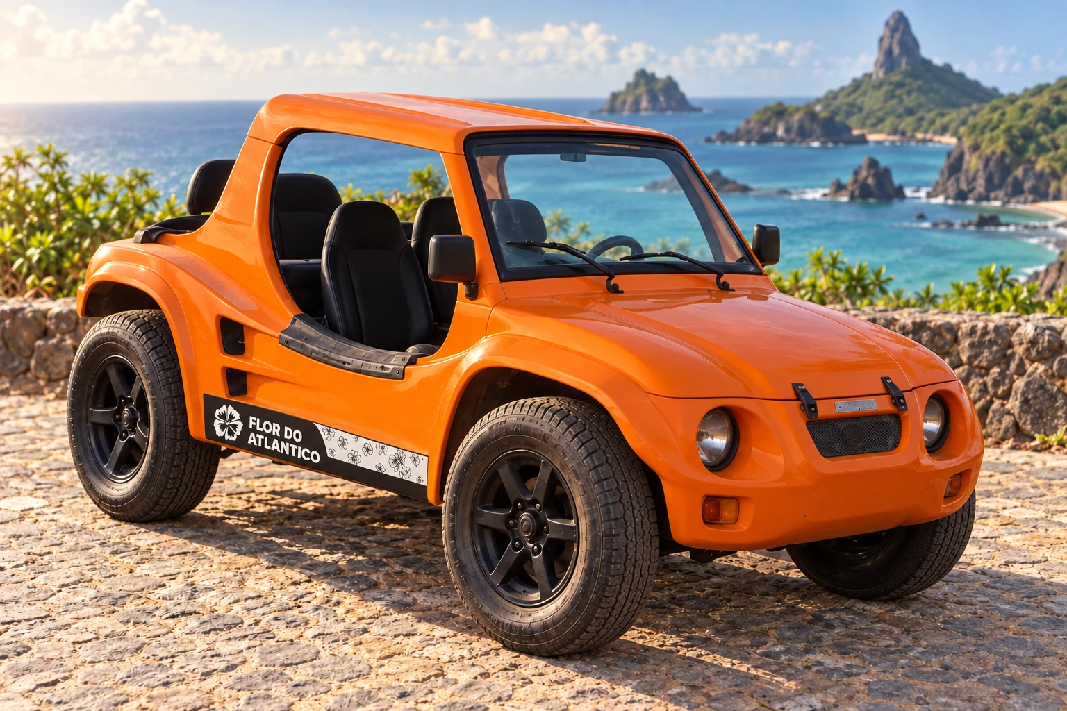 Buggy laranja em paisagem de Fernando de Noronha