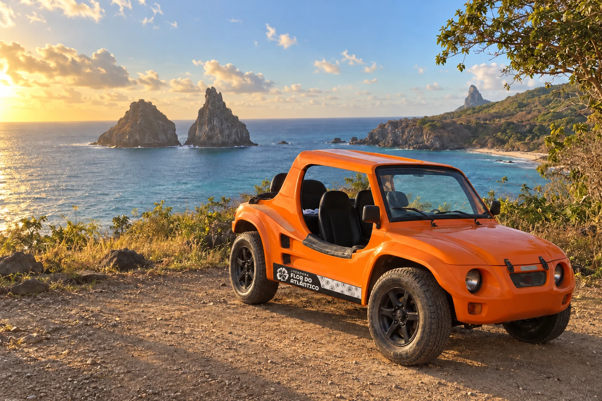 Buggy laranja em uma estrada costeira com vista para o mar de Noronha